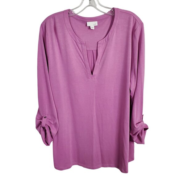 J Jill Size XL Top Tunic Roll Tab V Notch Modal Knit Light Stretch Fluid Purple - Picture 2 of 10